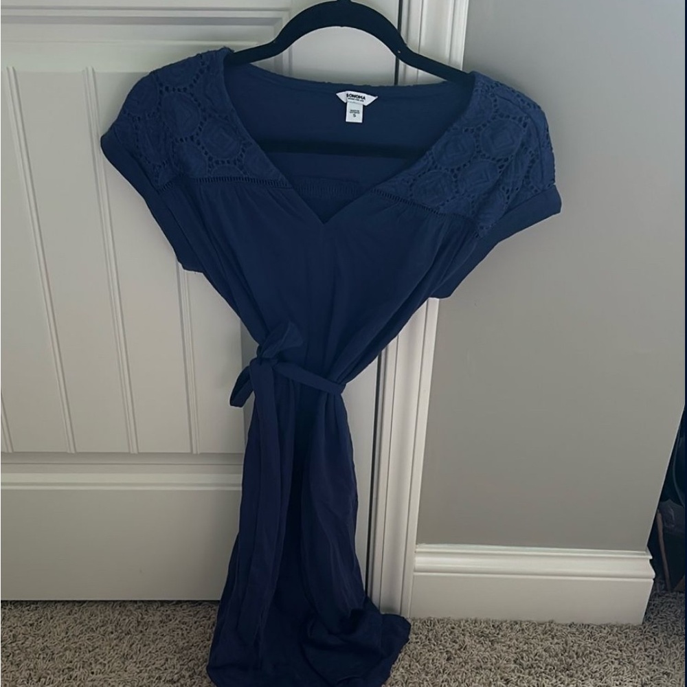 Sonoma Deep Blue V-Neck Dress with Crochet Accents